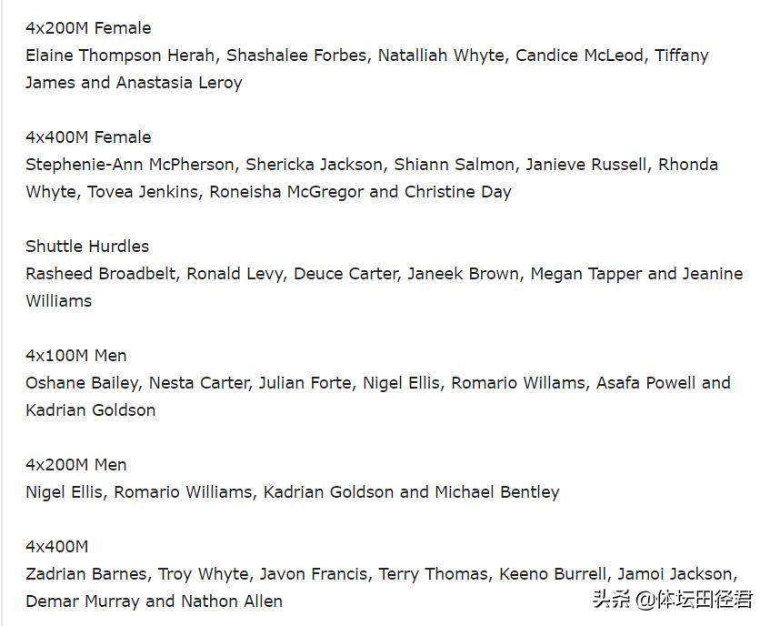 牙买加公布接力世锦赛阵容:39岁传奇巨星领衔博尔特接班人缺席