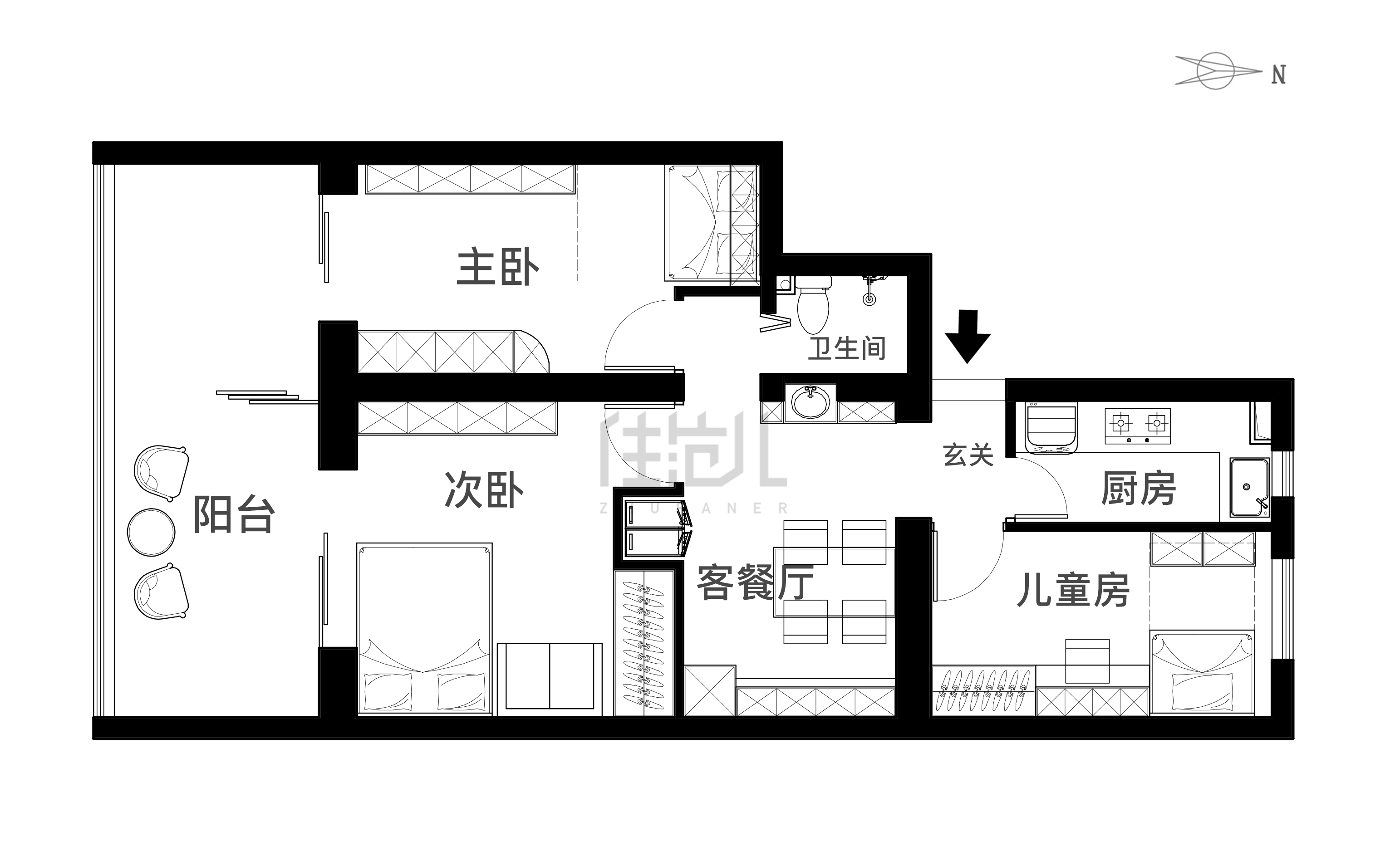88平双阳台现代简约风格,一室一厅大阳台小户型装修老房子