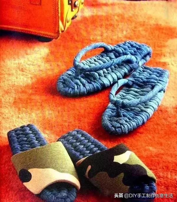 布条线桃花拖鞋编织教程,旧布条编拖鞋方法
