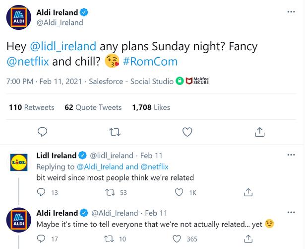 Lidl和Aldi情人节前夕在推特上“*情调**”，乐翻爱尔兰吃瓜群众