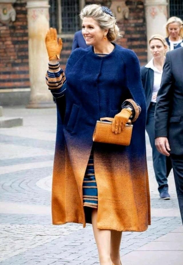 荷兰王后红毯裙,荷兰王后穿格子斗篷