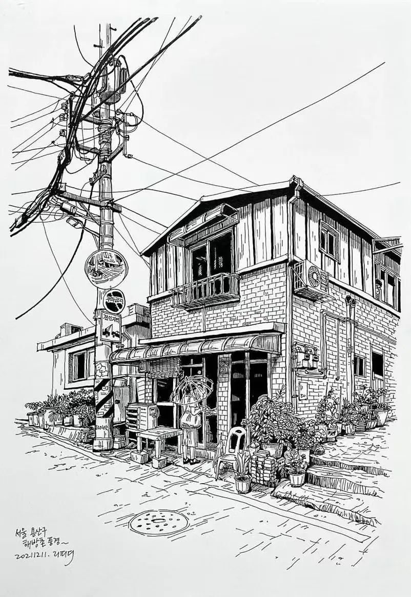日本画家创作的铅笔街景速写,韩国速写大师