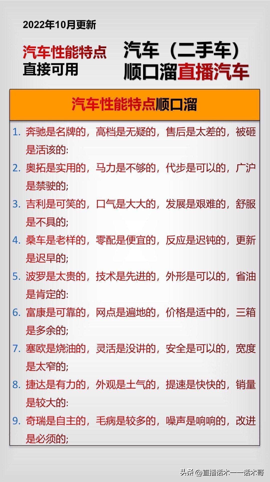 汽车、二手车（直播、短视频通用顺口溜一一收藏学习