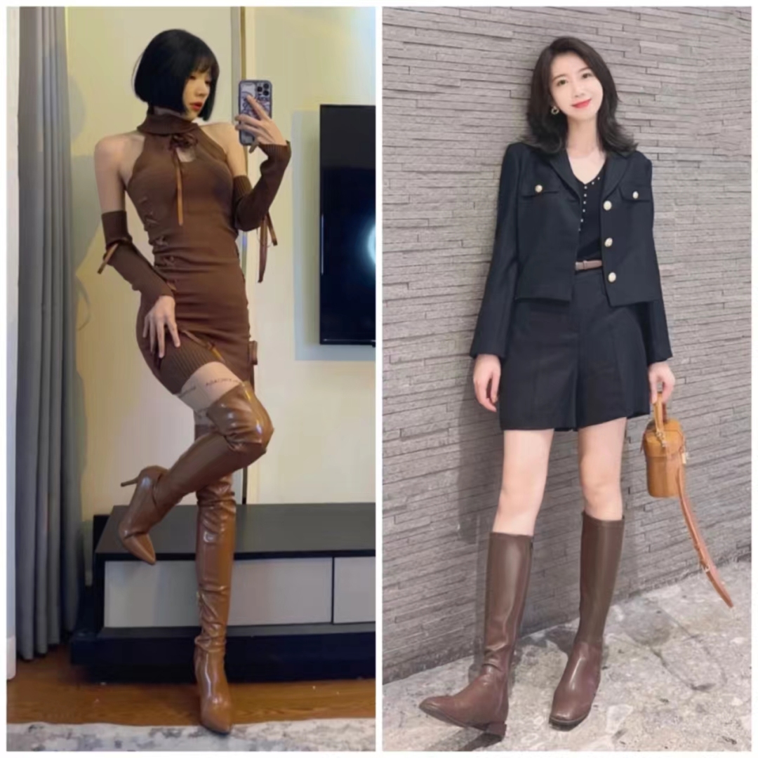 好穿又好搭时尚长筒宽靴,棕色长筒靴子女2022爆款洋气气质