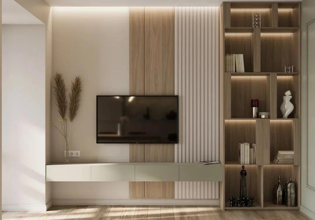 石膏线电视背景墙尺寸3.1米效果图,轻奢风装修2022新款电视背景墙纸