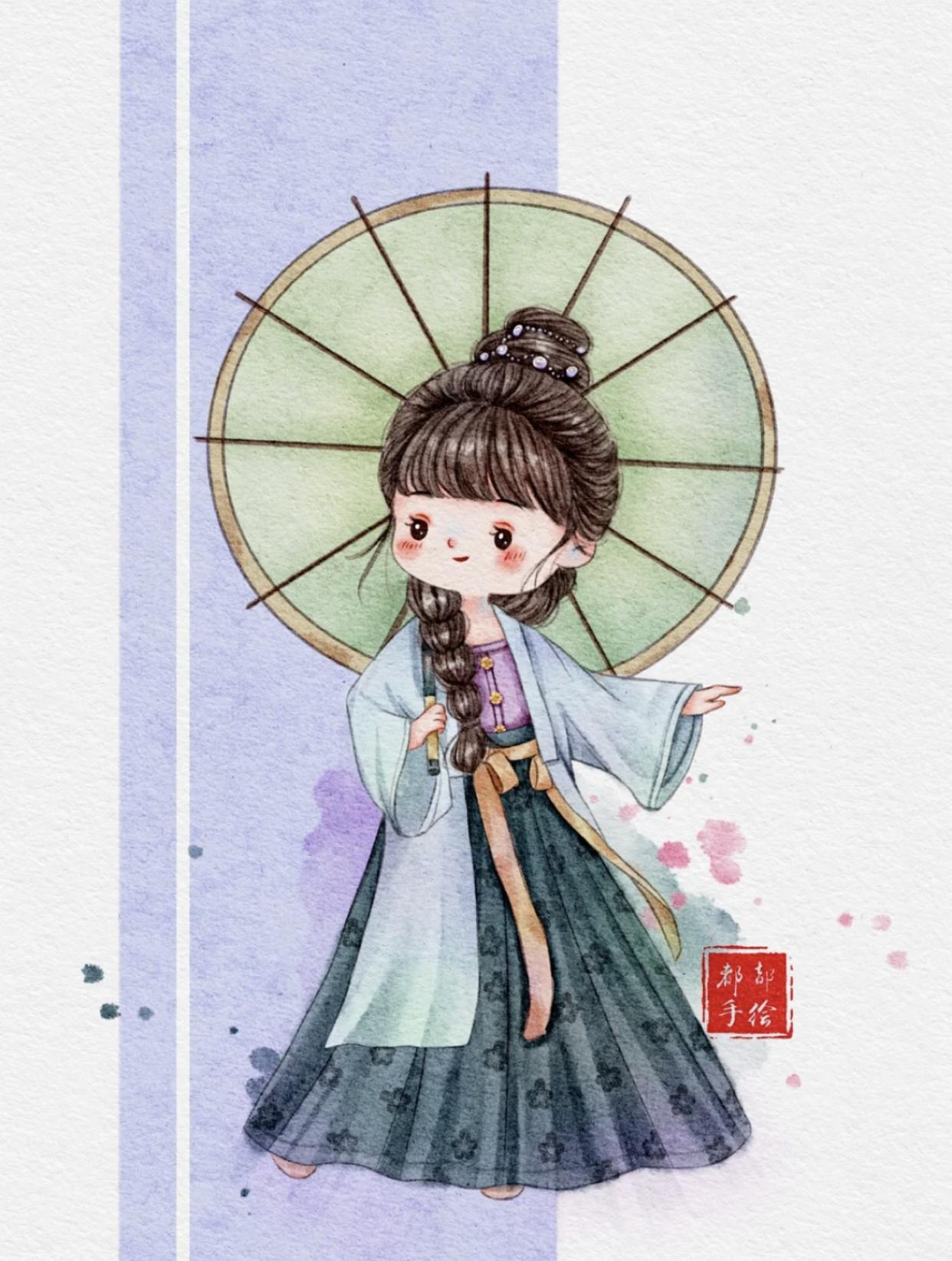 古风俏皮插画,萌萌的古风人物插画