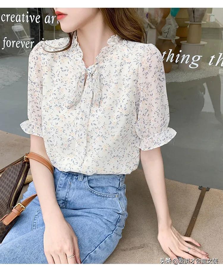 减龄雪纺短袖衬衫女款2022款时尚,雪纺夏装衬衫女设计感小众洋气