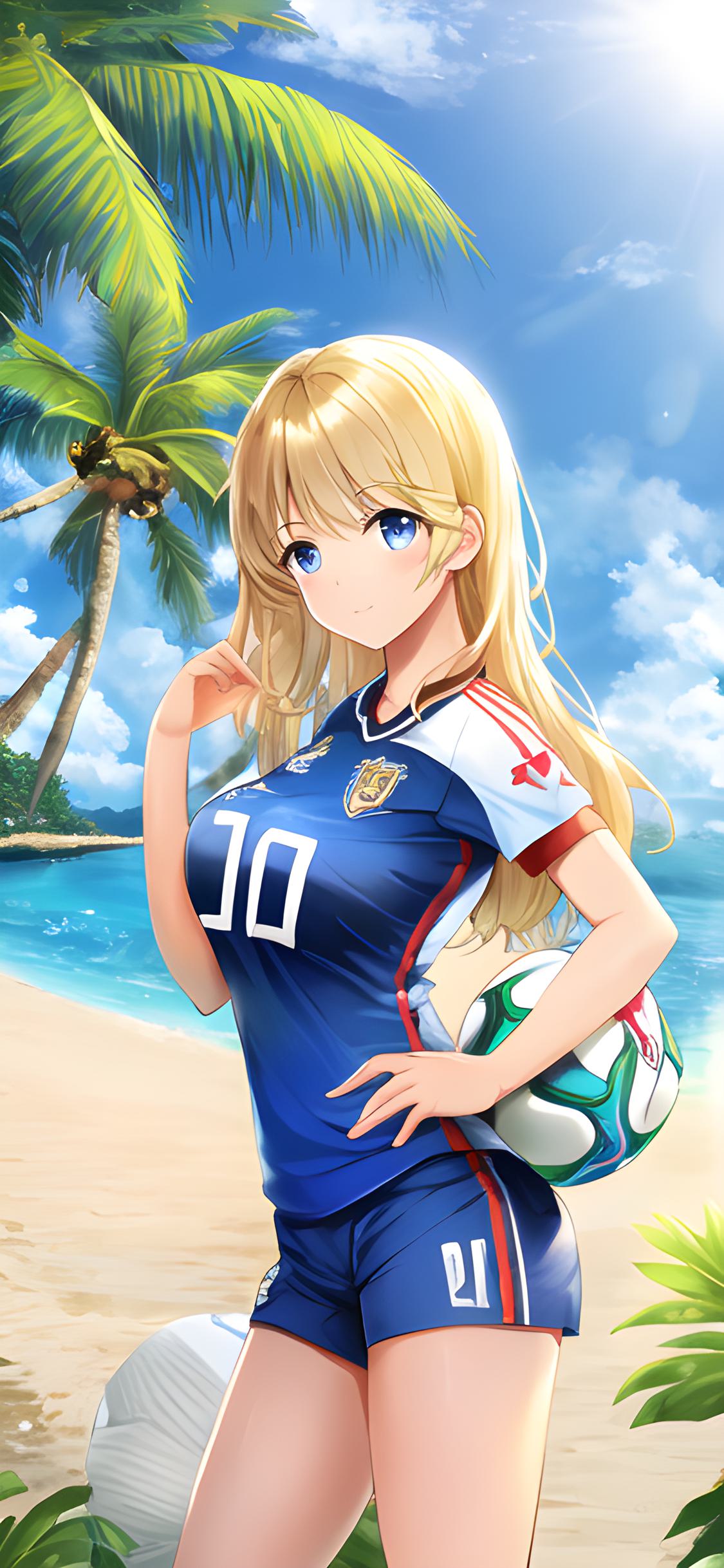 ai绘画夏日沙滩美女壁纸,二次元美少女壁纸足球