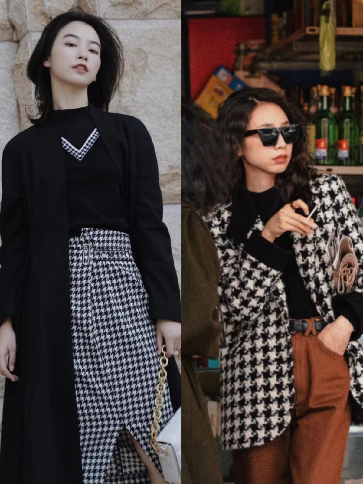 今冬不流行穿“动物纹”了,换成“千鸟格”、“棋盘格”,更优雅