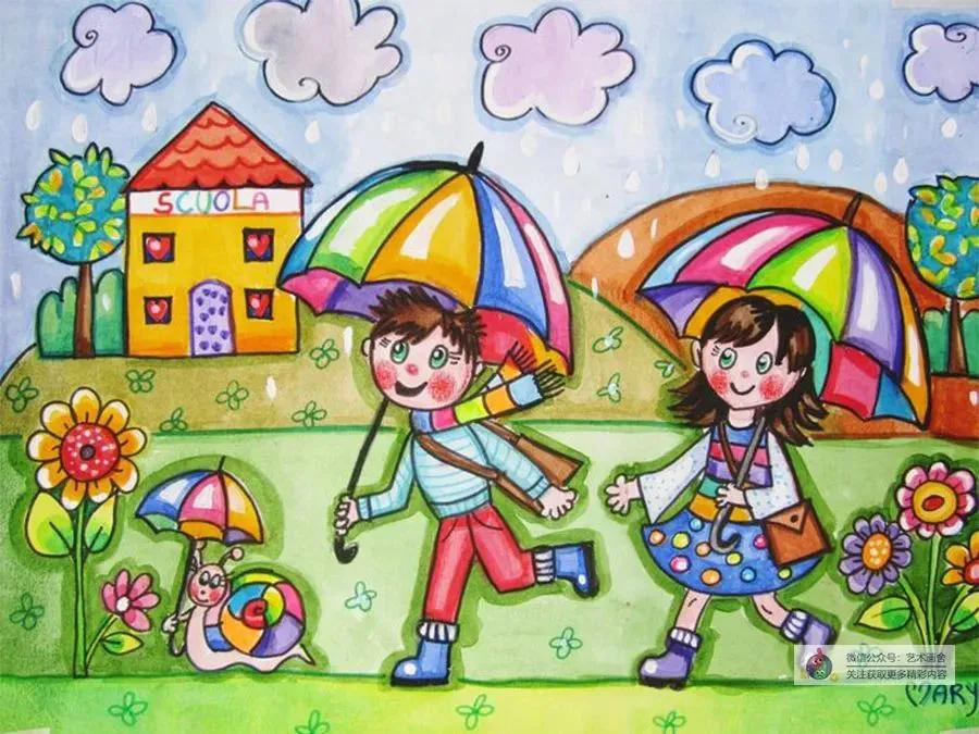 春日荡秋千放风筝儿童画,创意美术春日浪漫郁金香儿童画