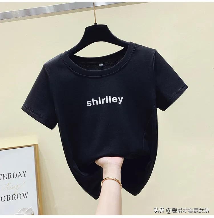 字母纯棉短袖t恤女宽松圆领白色,棉质长袖t恤女2022春秋宽松大码