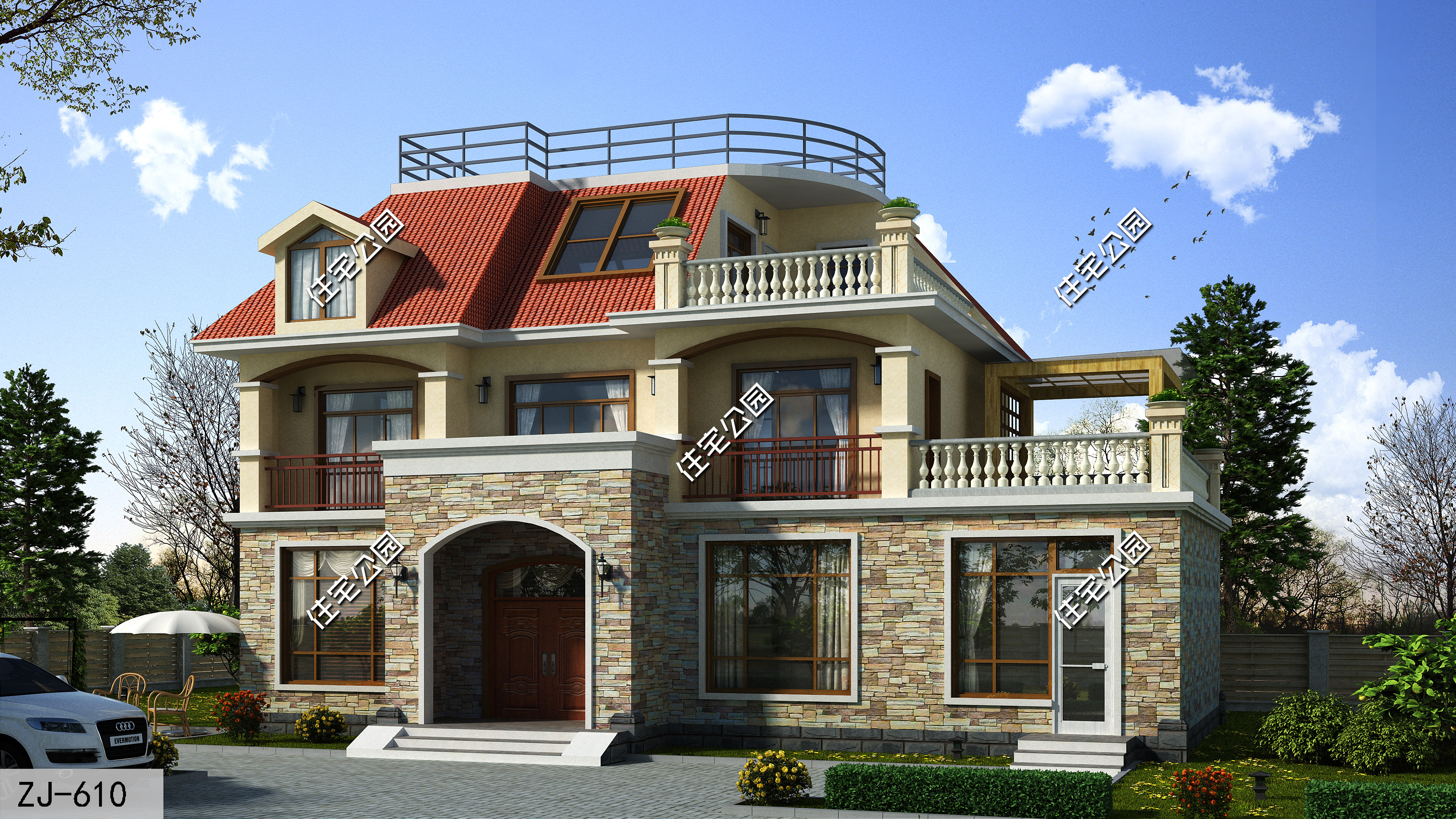 农村自建房二层对称小别墅外观图,开间12.8进深9.9二层别墅怎么设计