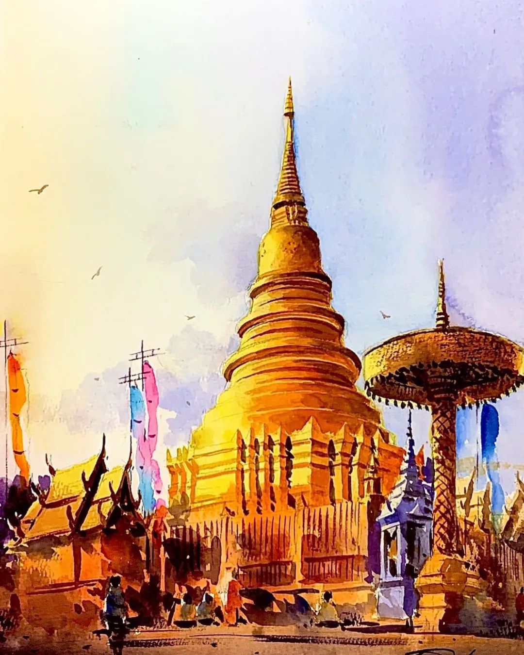 泰国水彩,泰国水彩画家绘画过程