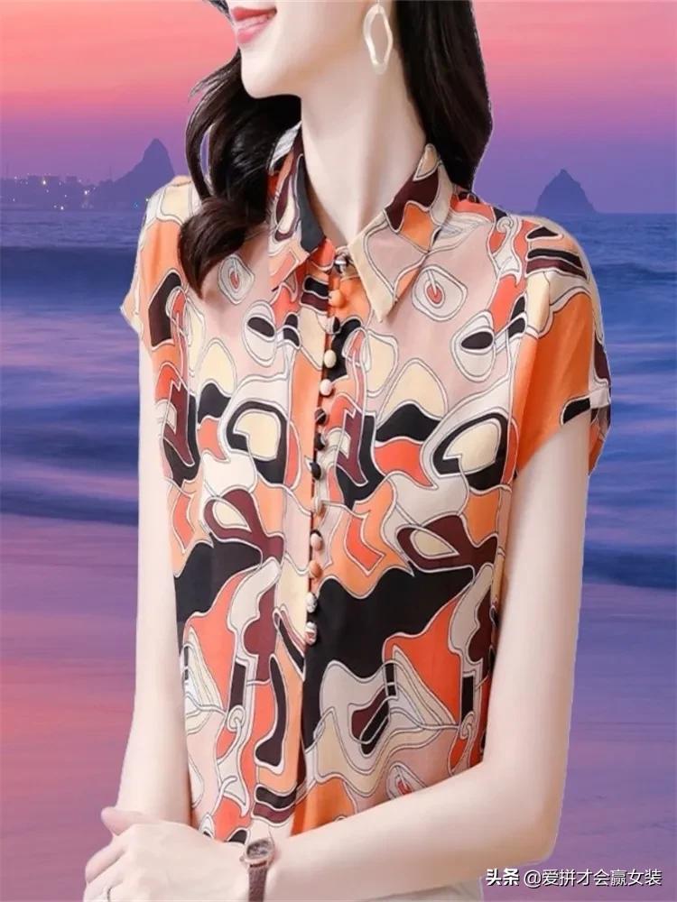 夏季新款桑蚕丝薄款短袖衬衫中年,桑蚕丝衬衫女款高档小碎花