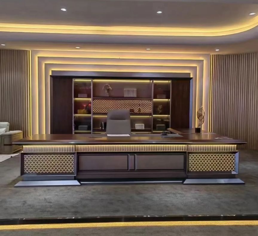 老板办公室装修复古家具效果图,100平老板办公室家具效果图