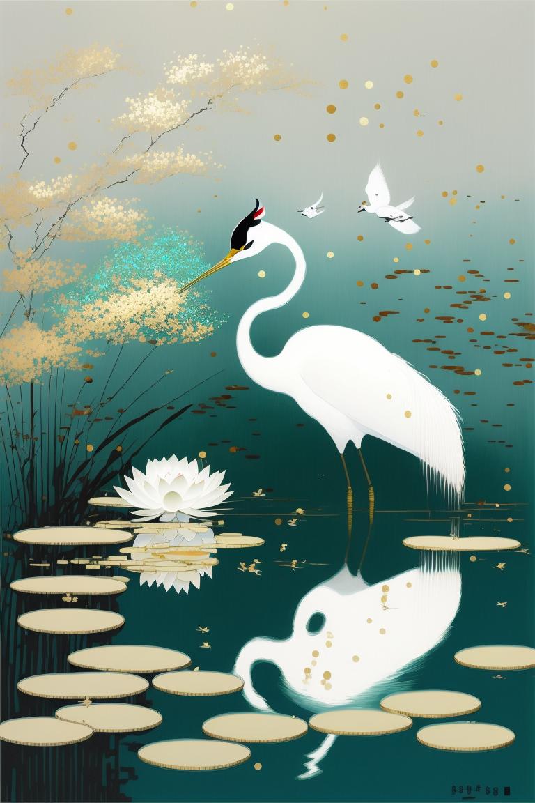 水墨画荷花中的芦苇水草,水墨荷花水中倒影绘画