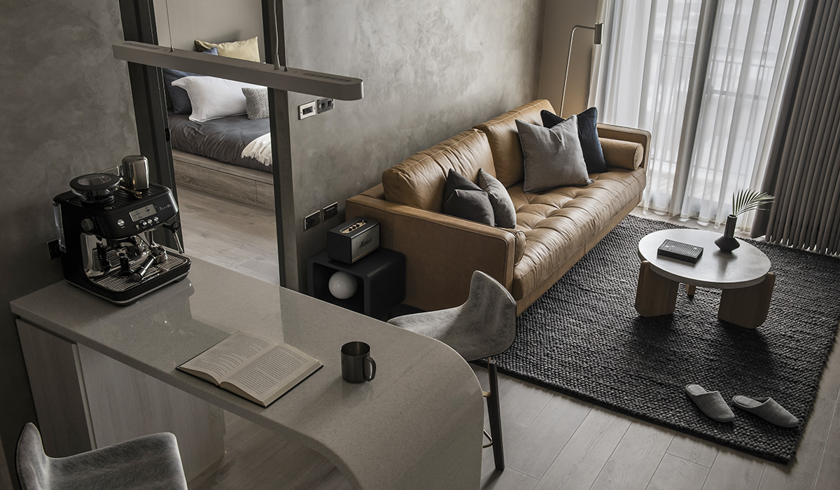 微水泥加原木装修效果小户型,微水泥设计风格小户型