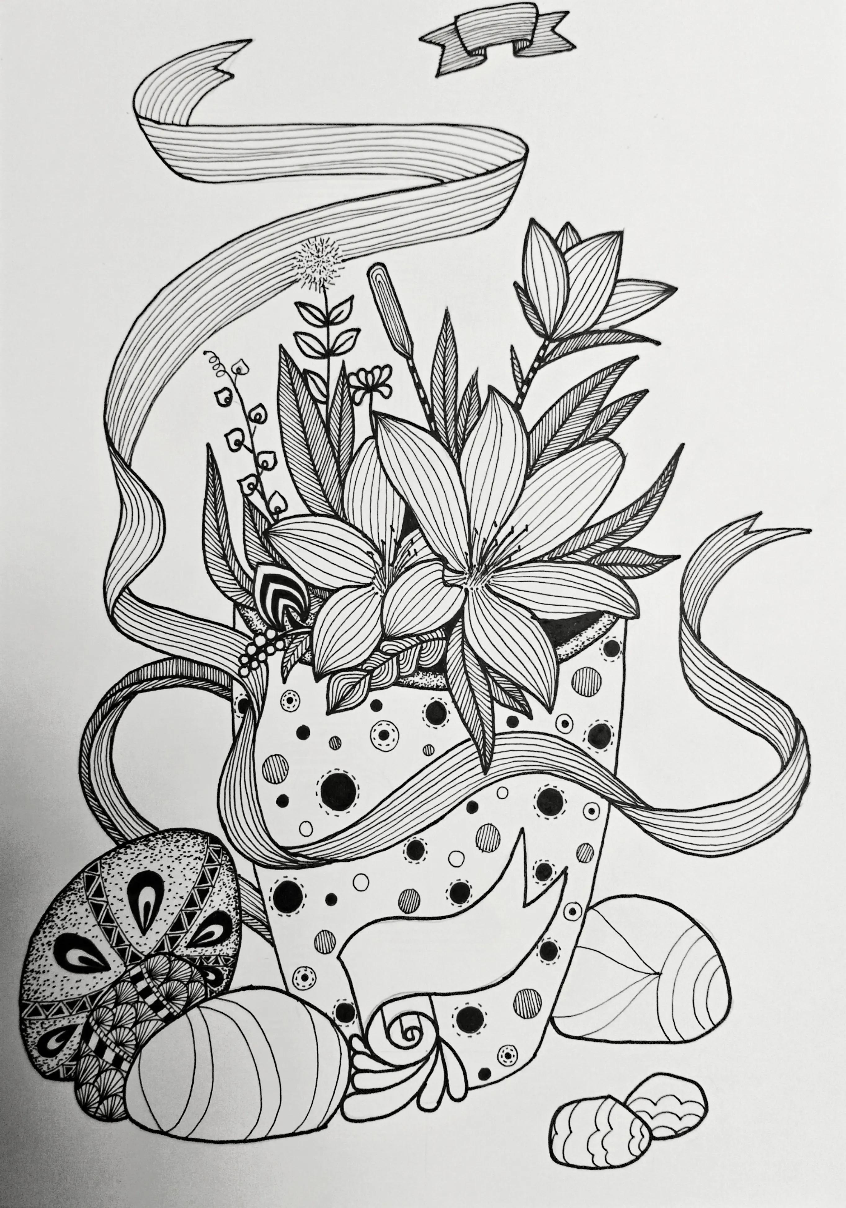 线描画作品花难度中等,高难度黑白线描怎么画教程