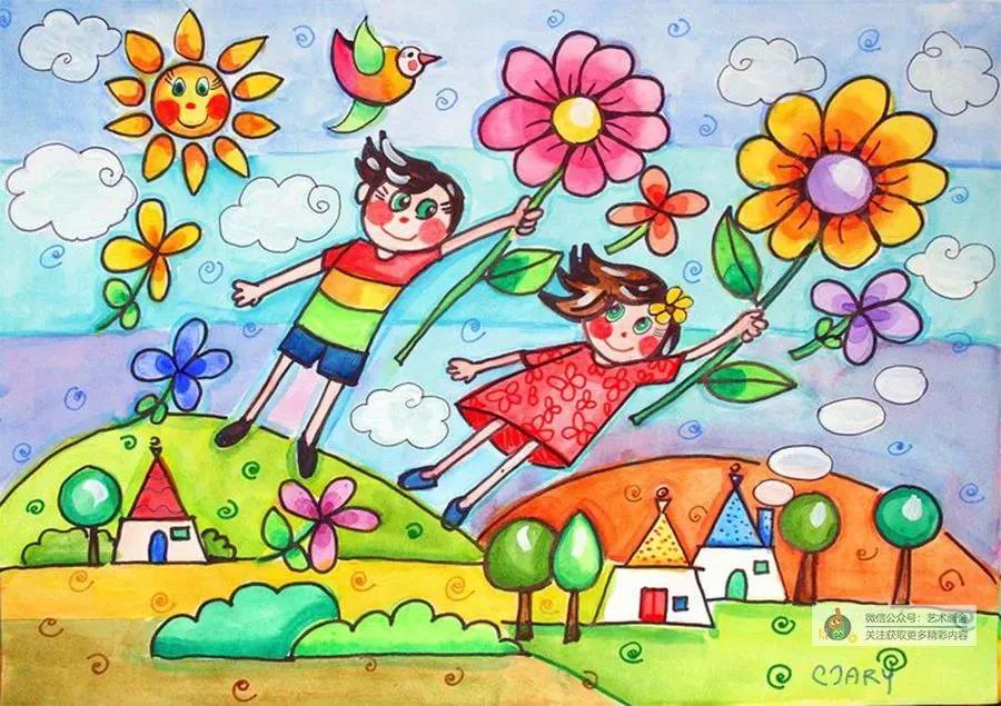 春日古诗配图儿童画,春日荡秋千放风筝儿童画