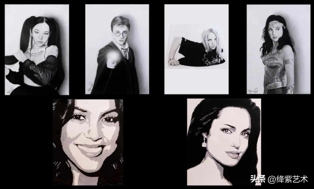 女画家用双手同时画画,用手画画女画家