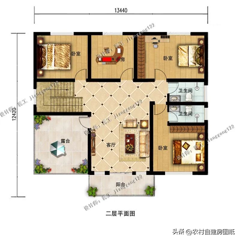 北方农村一层五间平屋顶,二层实用户型农村自建房别墅设计