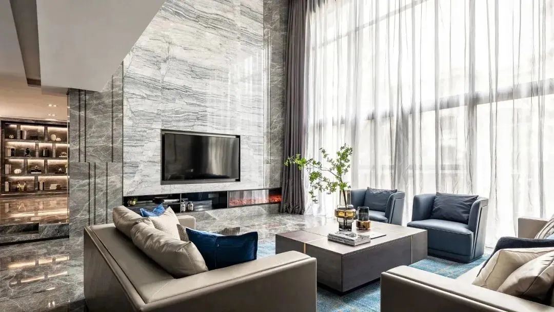 轻奢风电视背景墙大理石灰,新中式高级灰大理石电视背景墙