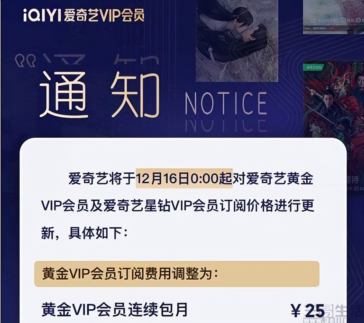 爱奇艺调整订阅价格，黄金VIP连续包月涨至25元