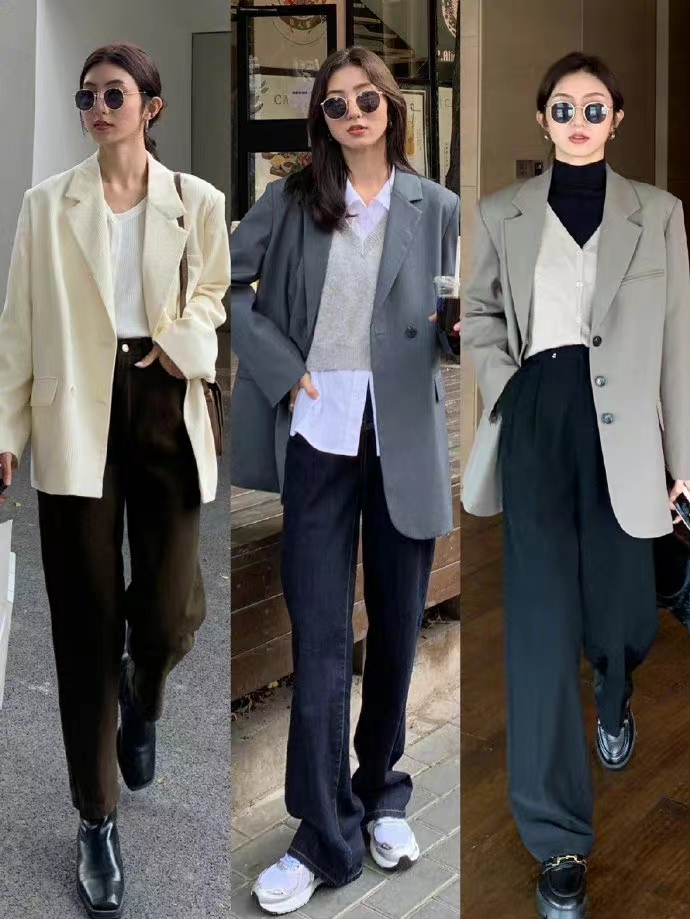 冬季休闲杏色西装外套穿搭小个子,慵懒风竖条纹西装外套怎么搭配