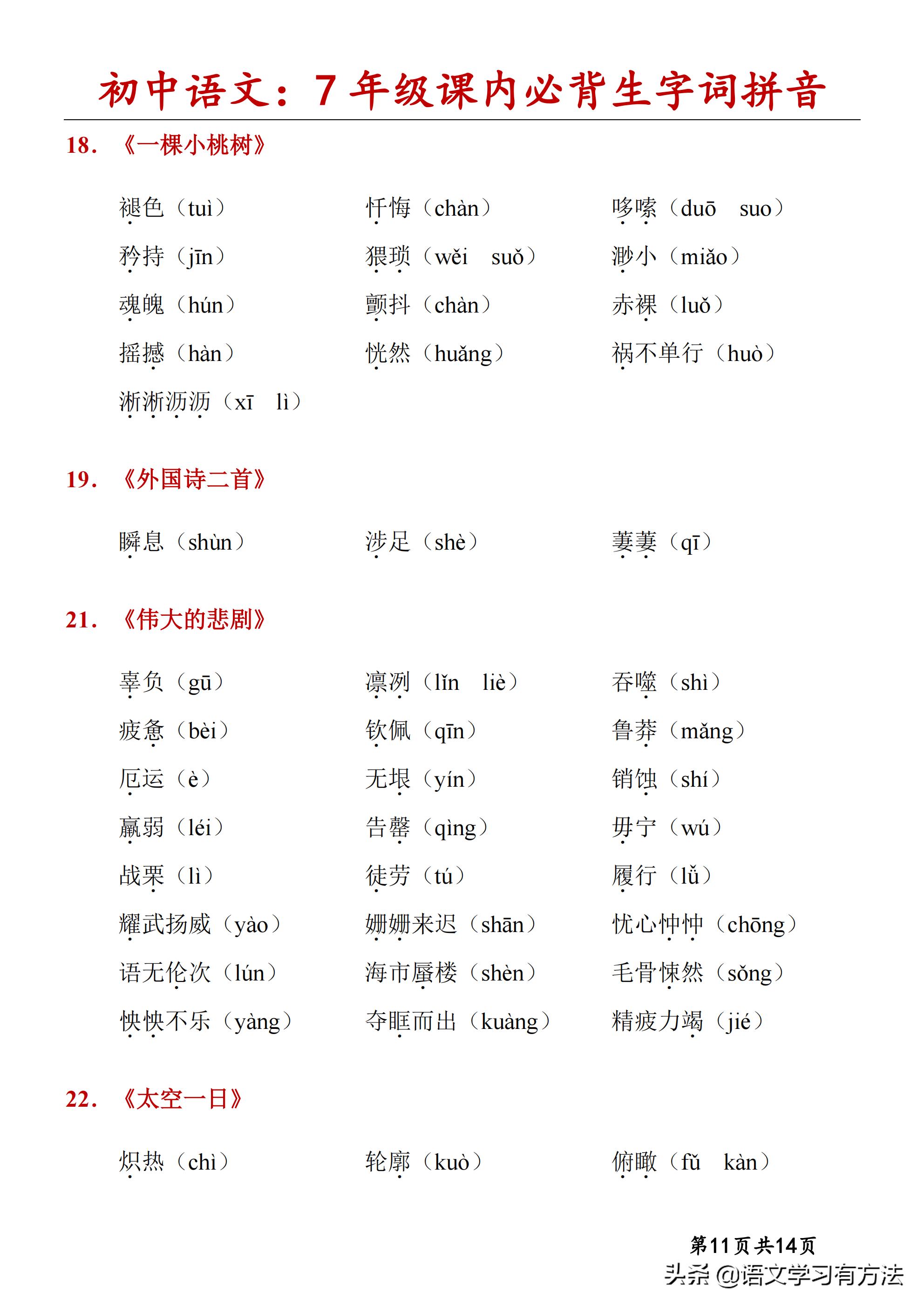 初中语文字词口诀,初中语文字词汇总7-9年级上下册
