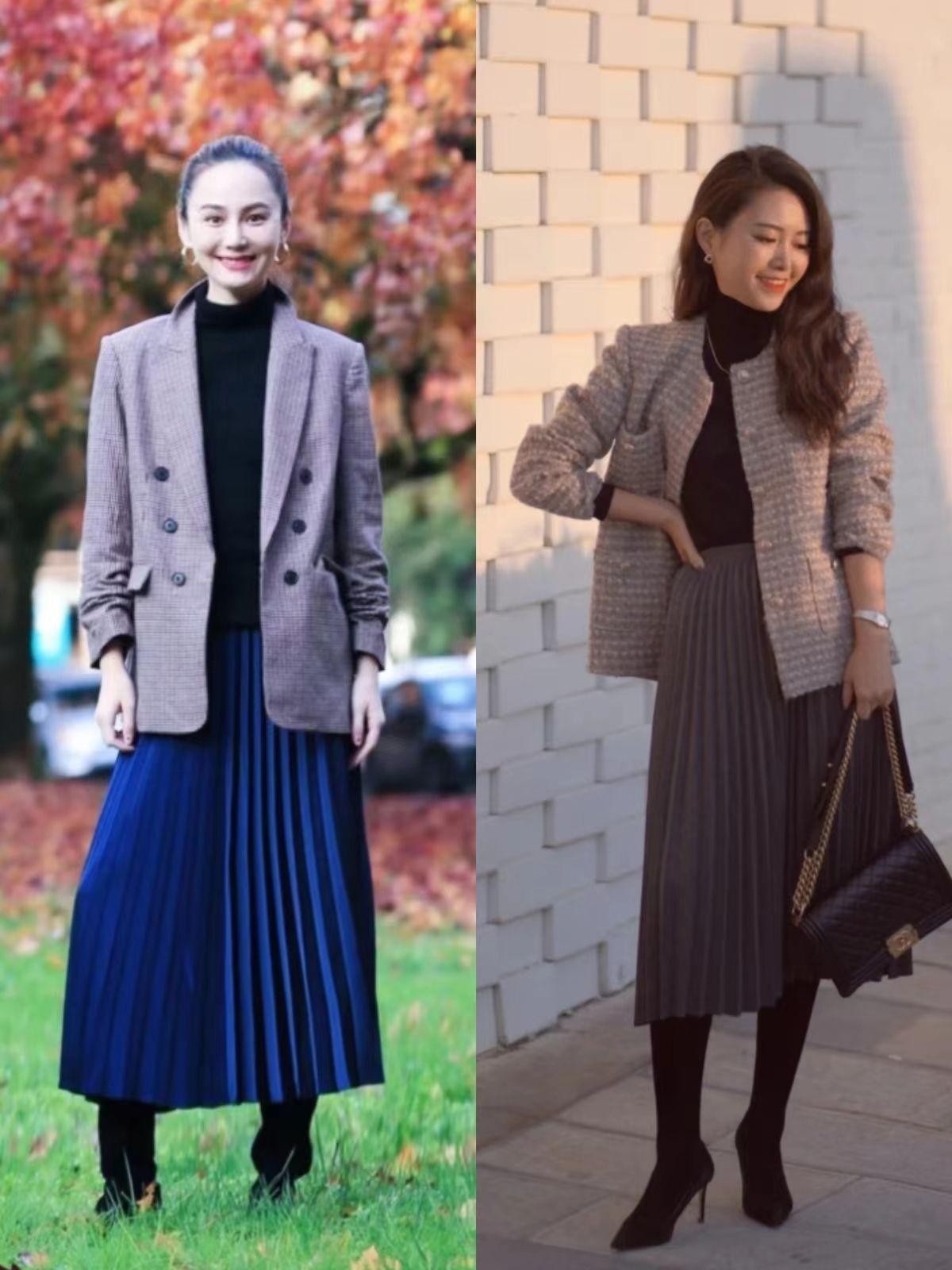 百褶裙长款搭配什么大衣好看,冬季50岁女人大衣百褶裙街拍