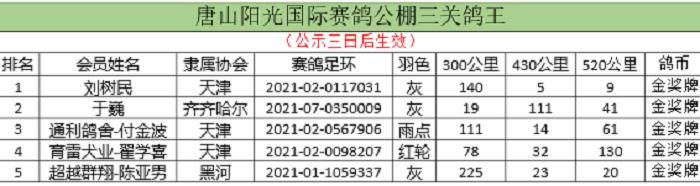 2021年国际鸽联“洲际杯”国际公棚鸽王赛—唐山阳光站决赛关完赛