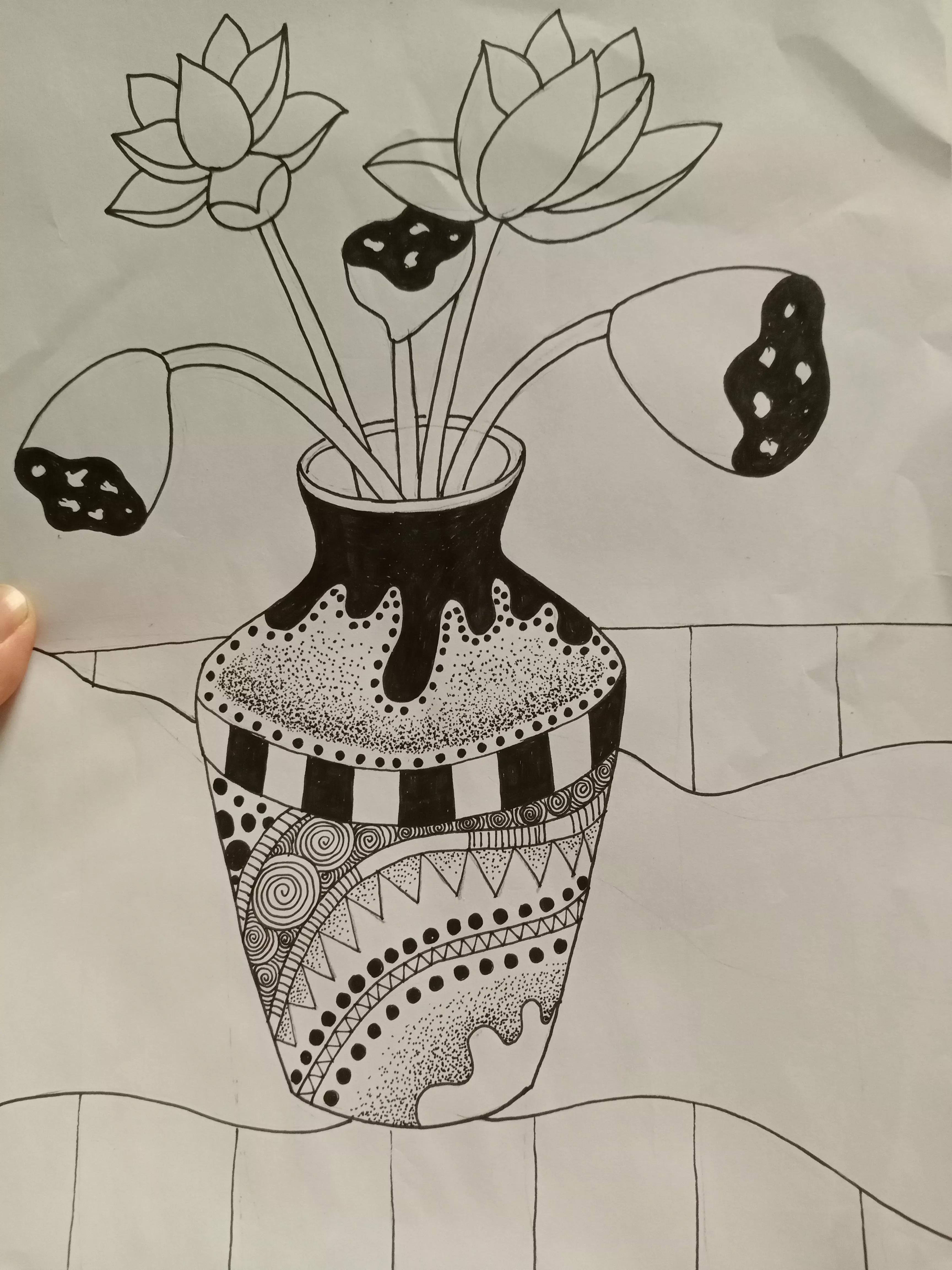 花瓶里的花线描画,线描画花瓶教学视频