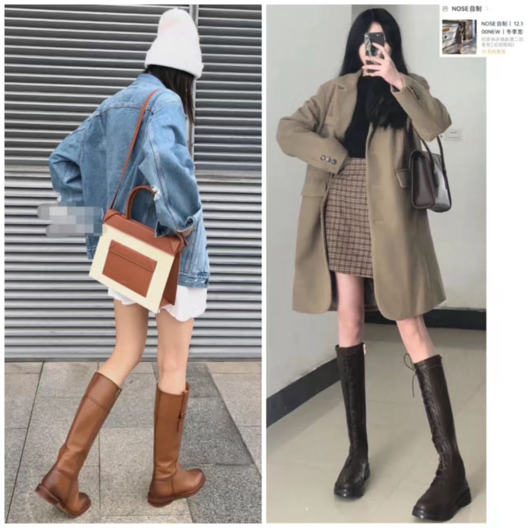 好穿又好搭时尚长筒宽靴,棕色长筒靴子女2022爆款洋气气质