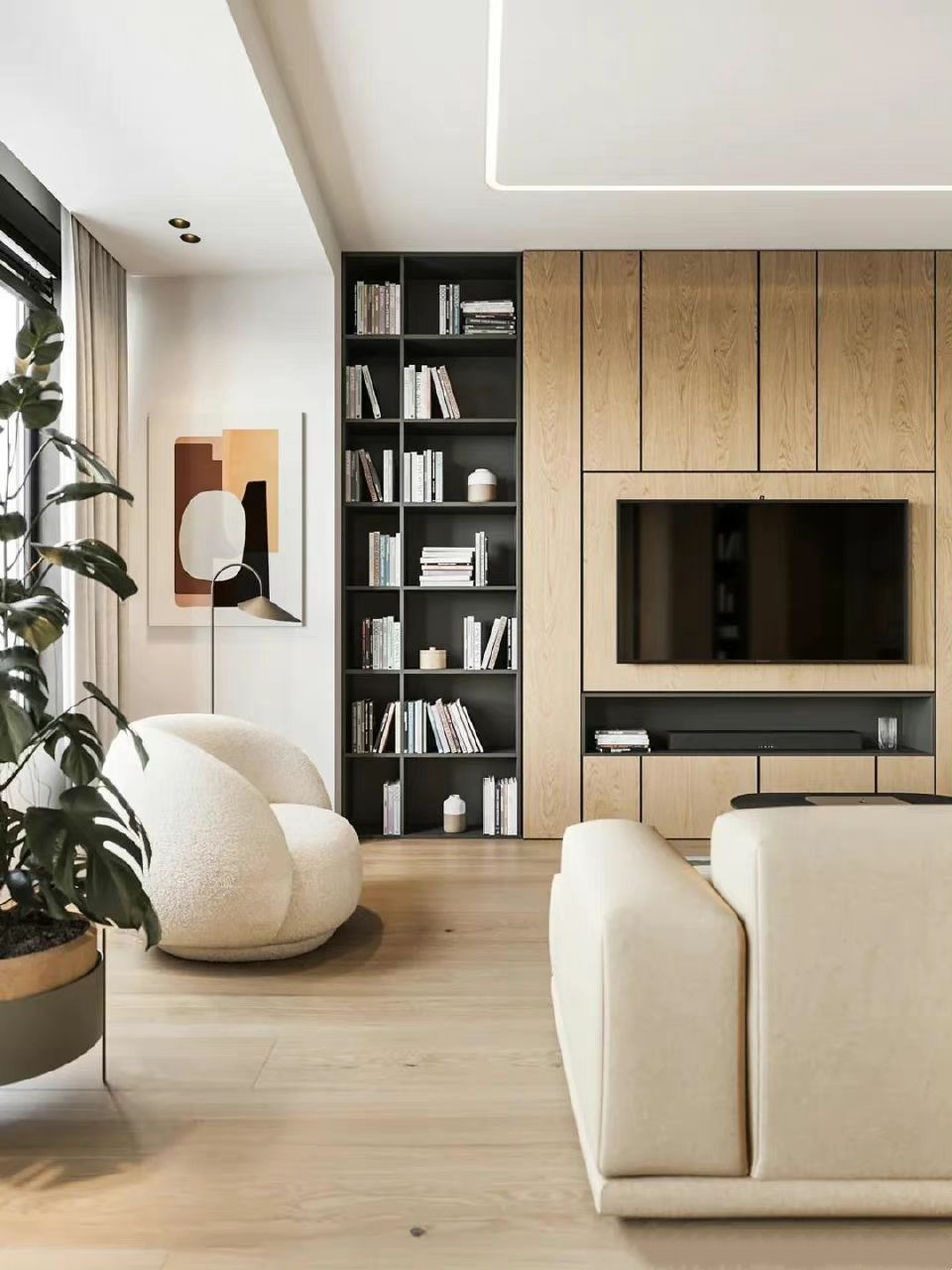 与其做满墙电视柜，不如留40㎝做书架，一柜两用，教科书级模板