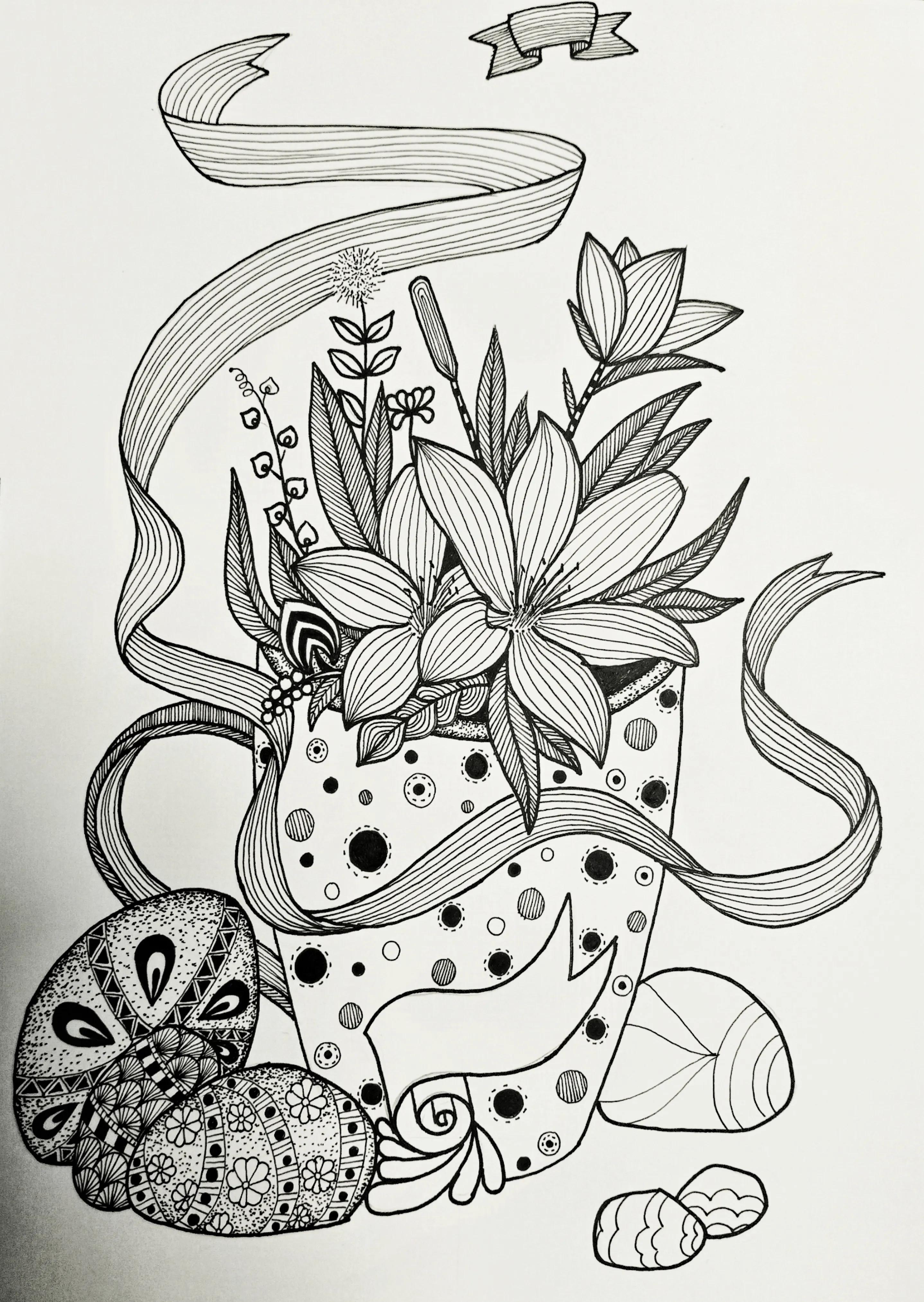 线描画作品花难度中等,高难度黑白线描怎么画教程