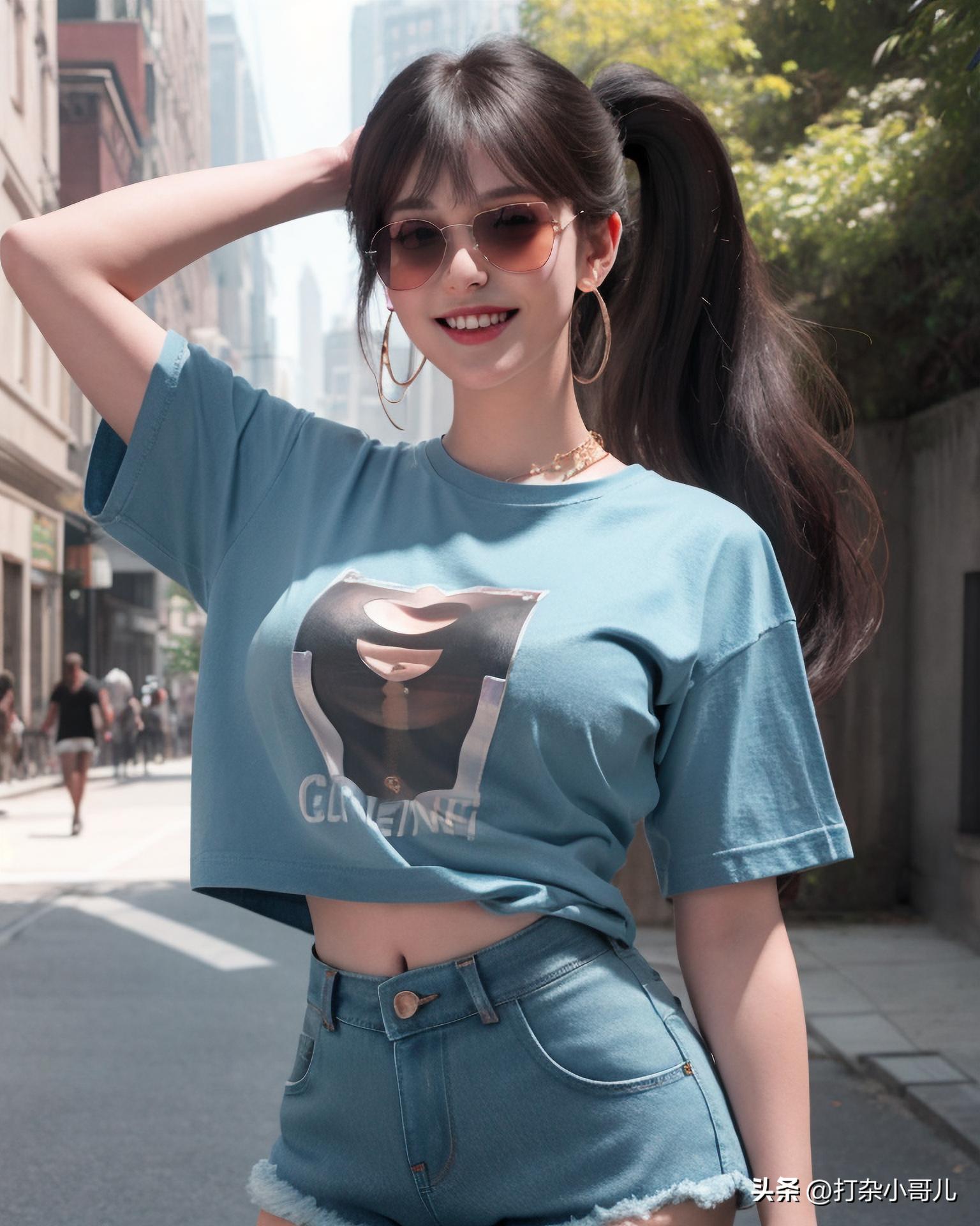 夏日穿搭黑短袖黑短裤,女款t恤穿搭女士牛仔短裤方法