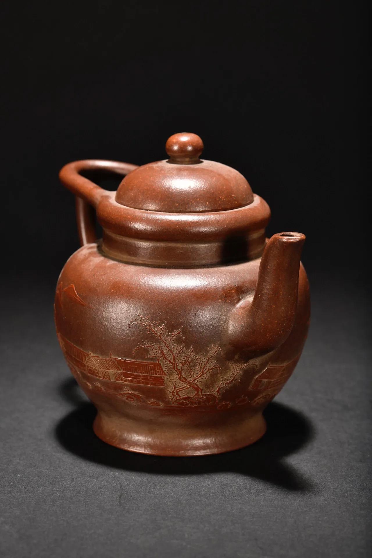 旧藏紫砂山水意境茶壶,紫砂茶壶款式名称加图片