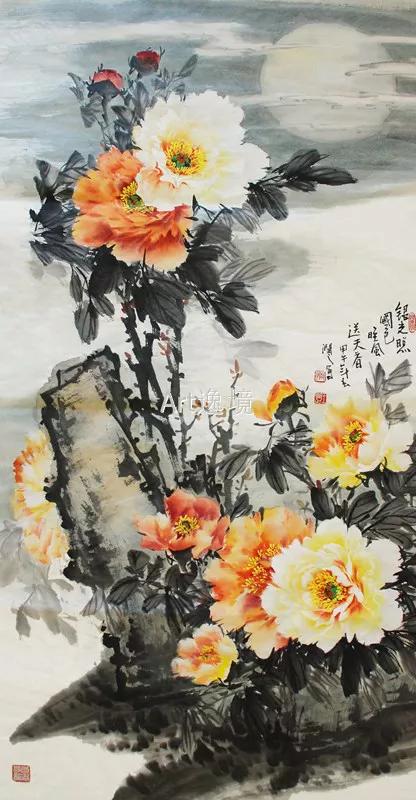 名家写意孔雀牡丹横幅画图片大全,国画写意牡丹画作品名家