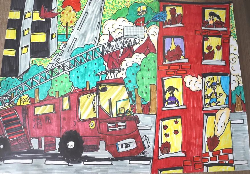 绘画展示作品幼儿园,小朋友眼中的消防事迹绘画
