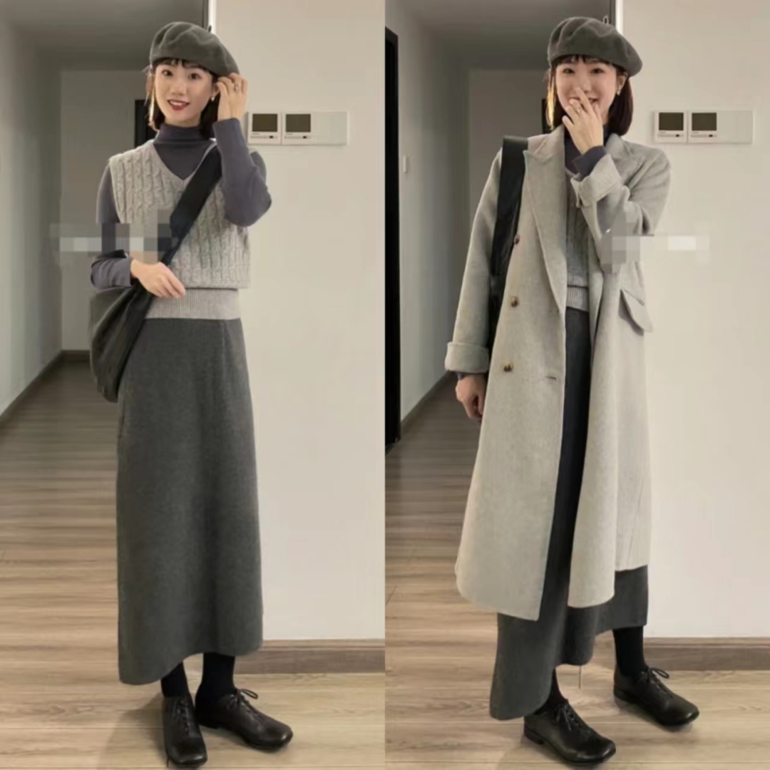 灰色大衣和黑色大衣哪个配jk好看,灰色双面羊绒牛角扣大衣小个子150