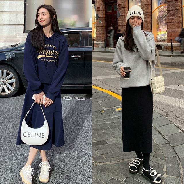 今年流行卫衣半裙时髦减龄有气质,大码卫衣搭半身裙宽松慵懒风