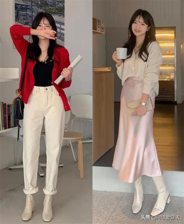 米色长筒靴秋冬穿搭,米白色马丁靴秋季穿搭