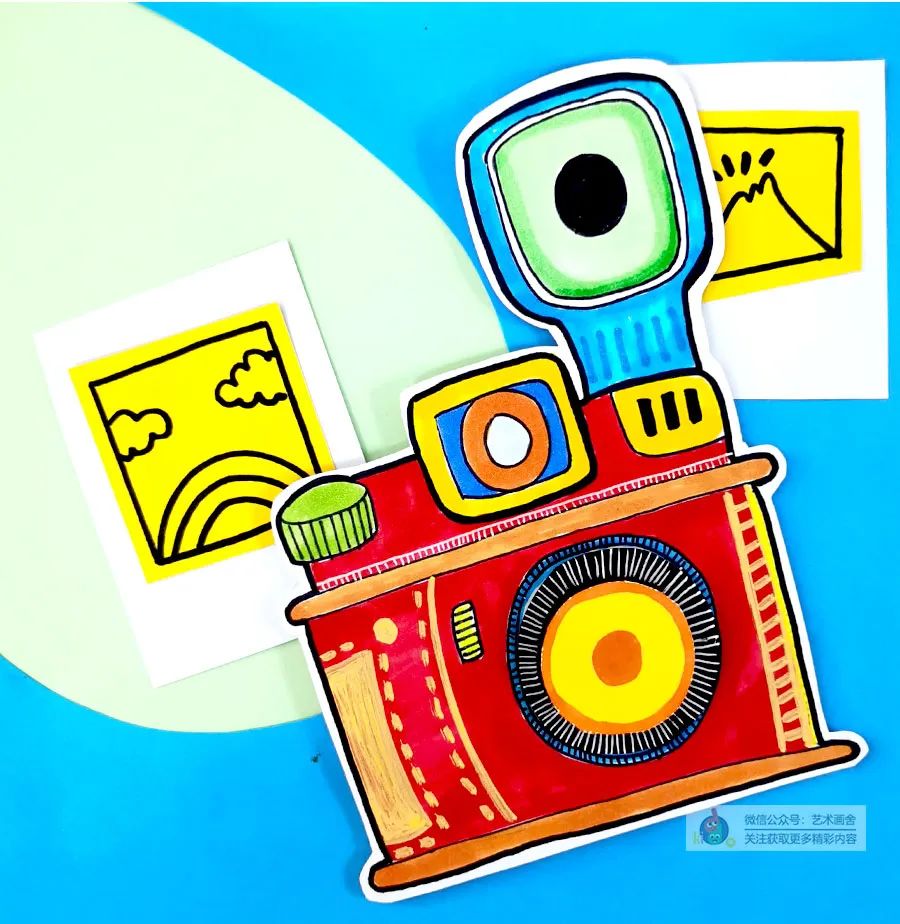 照相机儿童画教程,剪刀画法创意儿童画加背景